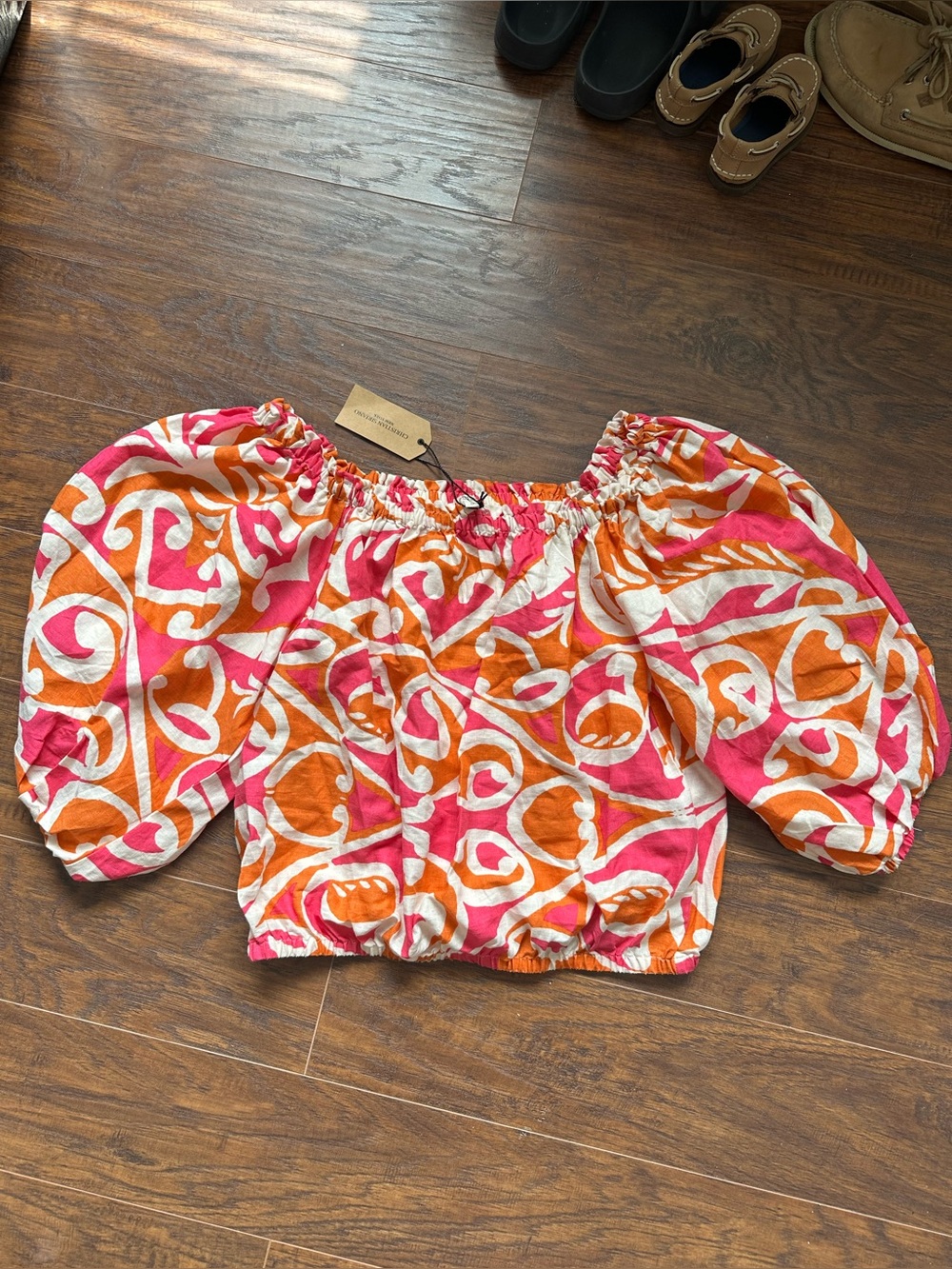 NWT Christian Siriano Pink & Orange Off-Shoulder Puff Sleeve Top